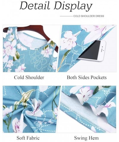 Womens Summer Cold Shoulder Floral Flowy T-Shirt Dress with Pockets Light Blue $15.99 Dresses