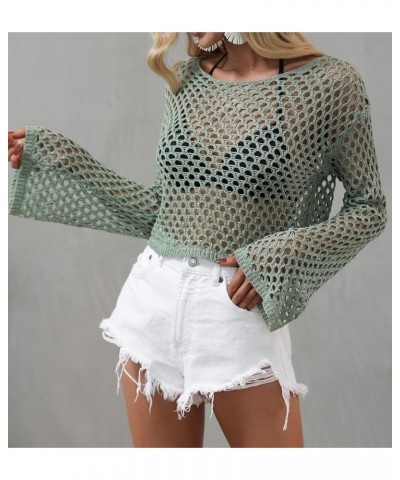 Womens Crochet Tops Long Sleeve Hollow Out Swim Cover Up Beach Bikini Swimsuit Summer Tunic Top Green $14.57 Swimsuits