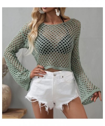 Womens Crochet Tops Long Sleeve Hollow Out Swim Cover Up Beach Bikini Swimsuit Summer Tunic Top Green $14.57 Swimsuits