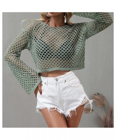 Womens Crochet Tops Long Sleeve Hollow Out Swim Cover Up Beach Bikini Swimsuit Summer Tunic Top Green $14.57 Swimsuits