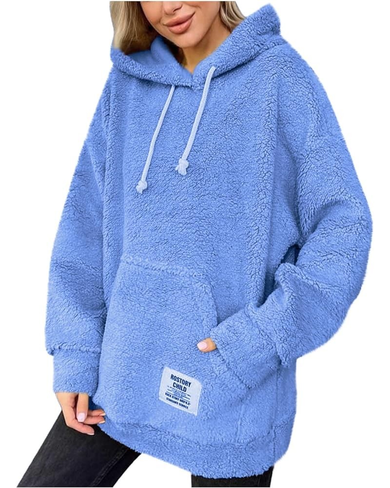 Women Oversized Sherpa Fleece Hoodies Long Sleeve Casual Hooded Pullover Drawstraing Warm Sweatshirts with Pocket 03 Blue $11...