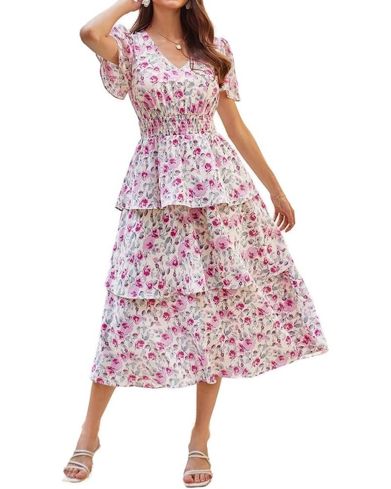 Women's 2024 Floral Summer Long Midi Dress V Neck Short Sleeve Ruffle Tiered Layered Boho Swing Dresses Pink Floral $29.67 Dr...