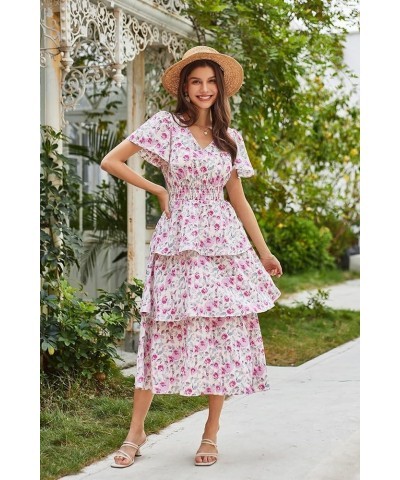 Women's 2024 Floral Summer Long Midi Dress V Neck Short Sleeve Ruffle Tiered Layered Boho Swing Dresses Pink Floral $29.67 Dr...