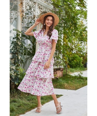 Women's 2024 Floral Summer Long Midi Dress V Neck Short Sleeve Ruffle Tiered Layered Boho Swing Dresses Pink Floral $29.67 Dr...