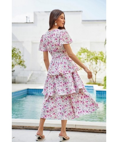 Women's 2024 Floral Summer Long Midi Dress V Neck Short Sleeve Ruffle Tiered Layered Boho Swing Dresses Pink Floral $29.67 Dr...