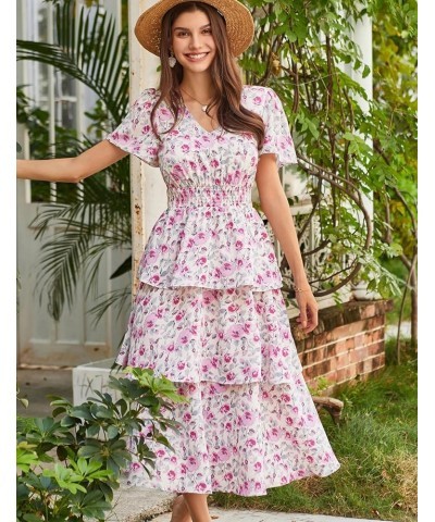 Women's 2024 Floral Summer Long Midi Dress V Neck Short Sleeve Ruffle Tiered Layered Boho Swing Dresses Pink Floral $29.67 Dr...