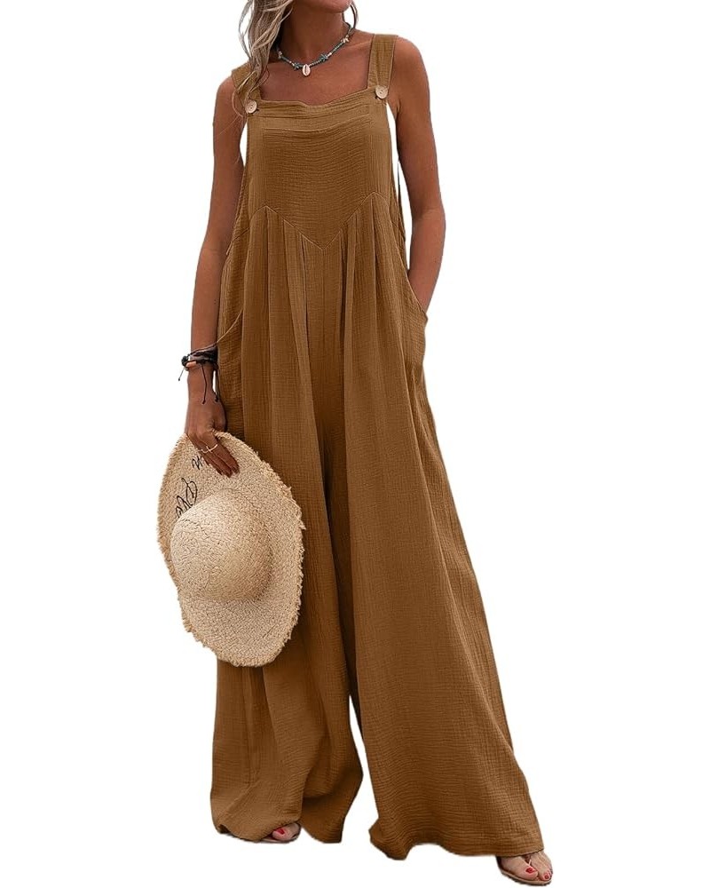 Women Wide Leg Overalls Loose Sleeveless Suspender Jumpsuits Overalls Casual Solid Baggy Romper Plus Size Brown $10.35 Overalls