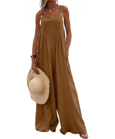 Women Wide Leg Overalls Loose Sleeveless Suspender Jumpsuits Overalls Casual Solid Baggy Romper Plus Size Brown $10.35 Overalls