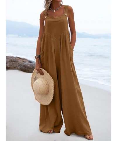 Women Wide Leg Overalls Loose Sleeveless Suspender Jumpsuits Overalls Casual Solid Baggy Romper Plus Size Brown $10.35 Overalls