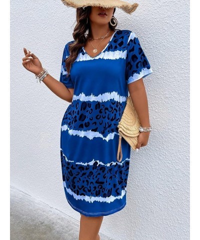 Women's Plus Size Leopard Print V Neck Short Sleeve T Shirt Dress Summer Short Dresses Blue Print $19.37 Dresses