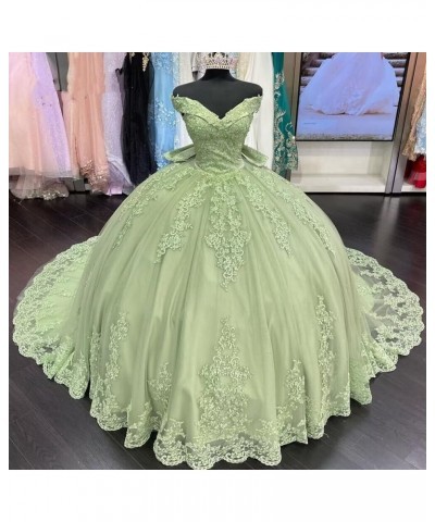 Women's Off Shoulder Quinceanera Dresses Puffy Tulle Prom Dresses with Train Lace Beaded Long Ball Gown for Sweet 15 16 Burgu...