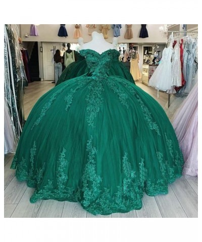 Women's Off Shoulder Quinceanera Dresses Puffy Tulle Prom Dresses with Train Lace Beaded Long Ball Gown for Sweet 15 16 Burgu...