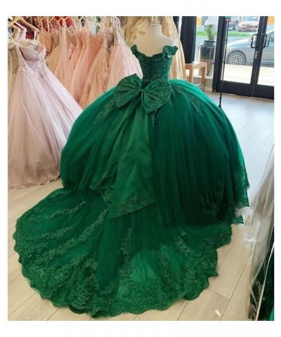 Women's Off Shoulder Quinceanera Dresses Puffy Tulle Prom Dresses with Train Lace Beaded Long Ball Gown for Sweet 15 16 Burgu...