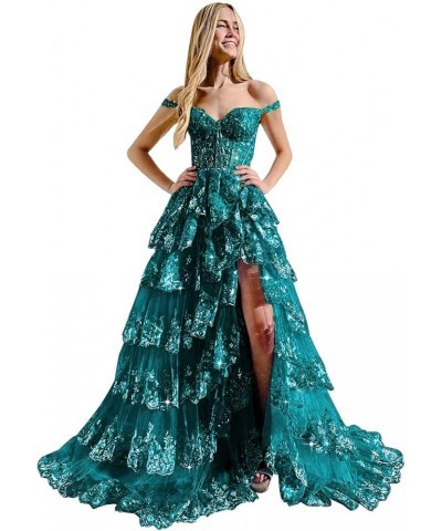 Women‘s Off The Shoulder Tiered Prom Dress with Split Sleeveless A Line Evening Gown for Juniors KO008 Peacock $47.83 Dresses