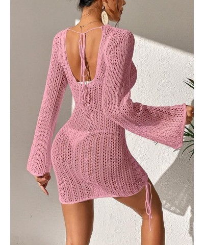 Women's Crochet Cover Up Tie Back Drawstring Beach Swimsuit Knit Cover Up Pink B $21.59 Swimsuits