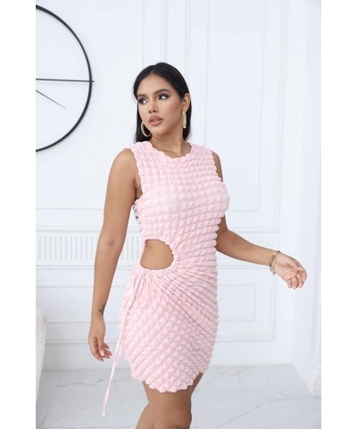 Women Sexy Waist Hollow Out Drawstring Dress Crew Neck Y2k Long Sleeve Club Party Short Dress 92pink $22.94 Dresses