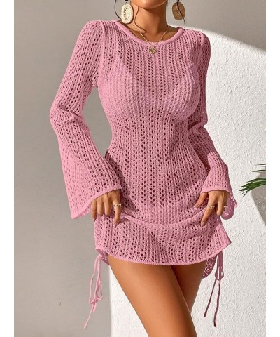 Women's Crochet Cover Up Tie Back Drawstring Beach Swimsuit Knit Cover Up Pink B $21.59 Swimsuits