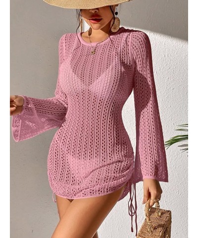 Women's Crochet Cover Up Tie Back Drawstring Beach Swimsuit Knit Cover Up Pink B $21.59 Swimsuits