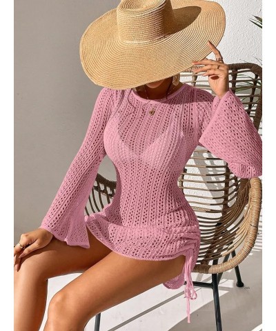 Women's Crochet Cover Up Tie Back Drawstring Beach Swimsuit Knit Cover Up Pink B $21.59 Swimsuits