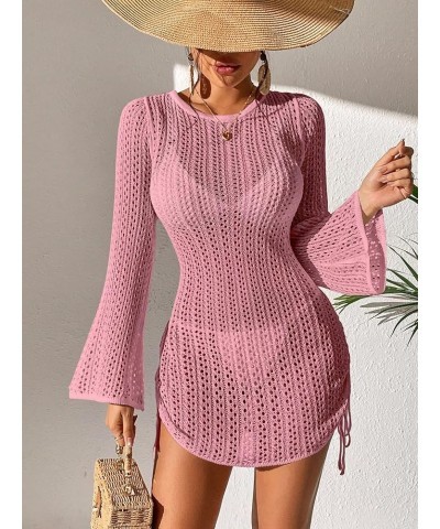 Women's Crochet Cover Up Tie Back Drawstring Beach Swimsuit Knit Cover Up Pink B $21.59 Swimsuits