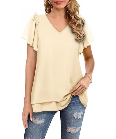 Women's V Neck Tunic Tops Dressy Casual Flutter Sleeve Tiered Chiffon Blouse Cloud Cream $10.59 Tops