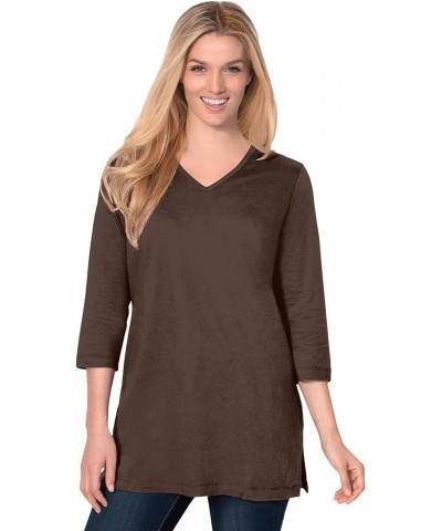 Women's Plus Size Perfect Three-Quarter Sleeve V-Neck Tunic Chocolate $14.22 Tops