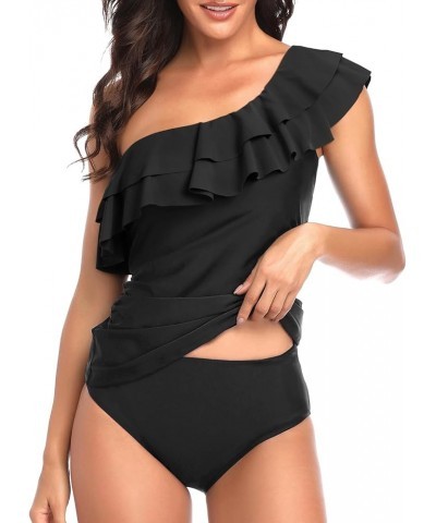 Women's Two Piece Swimsuits One Shoulder Tankini Tummy Control Bathing Suits Ruffle Swimwear Double Black $17.02 Swimsuits