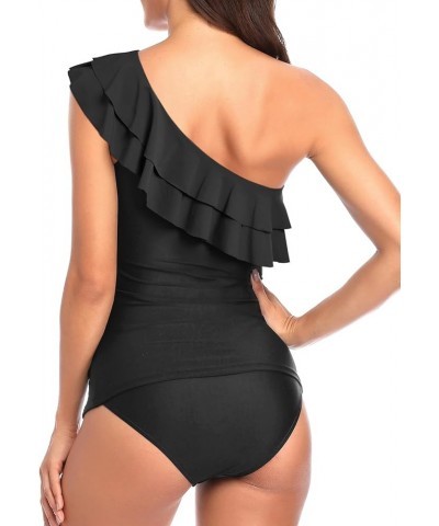 Women's Two Piece Swimsuits One Shoulder Tankini Tummy Control Bathing Suits Ruffle Swimwear Double Black $17.02 Swimsuits