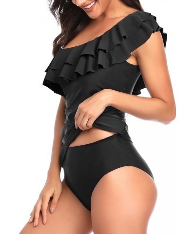 Women's Two Piece Swimsuits One Shoulder Tankini Tummy Control Bathing Suits Ruffle Swimwear Double Black $17.02 Swimsuits