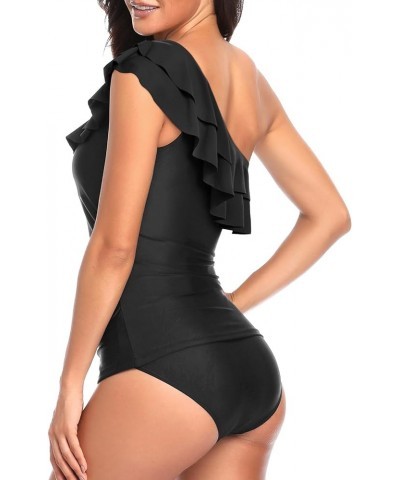 Women's Two Piece Swimsuits One Shoulder Tankini Tummy Control Bathing Suits Ruffle Swimwear Double Black $17.02 Swimsuits