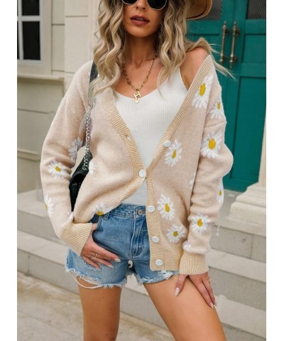 Women's Cute Daisy Printed Long Sleeve Button Down Jacquard Knit V-Neck Cardigan Sweater Tops in Polyester Apricot $18.32 Swe...