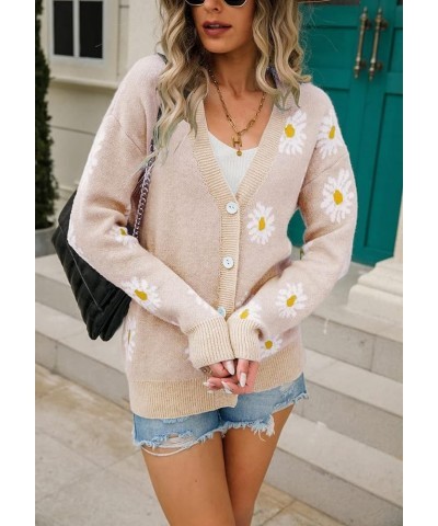 Women's Cute Daisy Printed Long Sleeve Button Down Jacquard Knit V-Neck Cardigan Sweater Tops in Polyester Apricot $18.32 Swe...