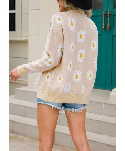 Women's Cute Daisy Printed Long Sleeve Button Down Jacquard Knit V-Neck Cardigan Sweater Tops in Polyester Apricot $18.32 Swe...