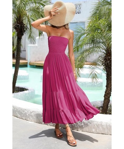 Womens Summer Cotton Floral Print Strapless Boho Beach Casual Midi Tube Dresses Magenta2 $20.89 Dresses