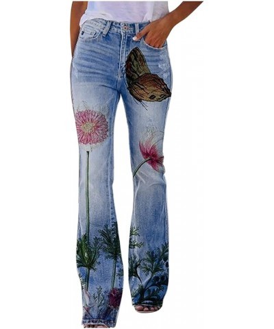 Women's Flare Bell Bottom Jeans Button High Waist Bootcut Pants Stylish Floral Print Stretch Skinny Casual Denim Pant 09 Blue...