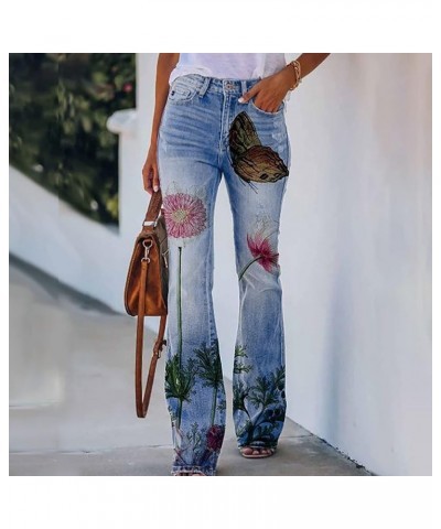 Women's Flare Bell Bottom Jeans Button High Waist Bootcut Pants Stylish Floral Print Stretch Skinny Casual Denim Pant 09 Blue...