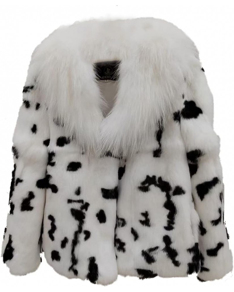 Women Real Rabbit Fur Coat with Genuine Fox Fur Collar Animal Print Furry Fluffy White Color? White 1 $36.40 Coats