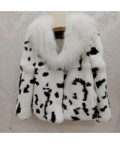 Women Real Rabbit Fur Coat with Genuine Fox Fur Collar Animal Print Furry Fluffy White Color? White 1 $36.40 Coats