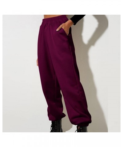 Womens Joggers with Pockets Fleece Lined High Waisted Sweatpants Comfy Elastic Waist Jogging Pants Sweat Pants E012- Dark Pur...