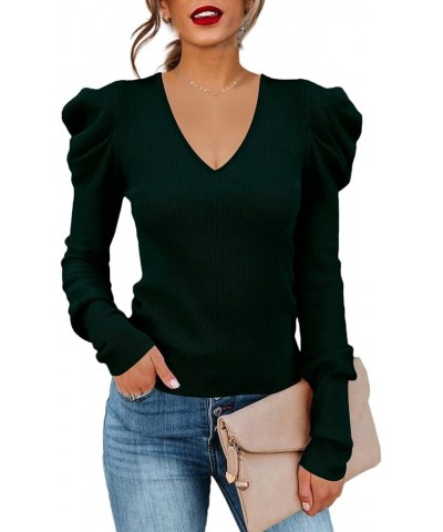 Women's Long Puff Sleeve Knit Pullover Sweaters Casual V Neck Ribbed Solid Soft Slim Fit Sweater Blouse Tops Green $22.19 Swe...