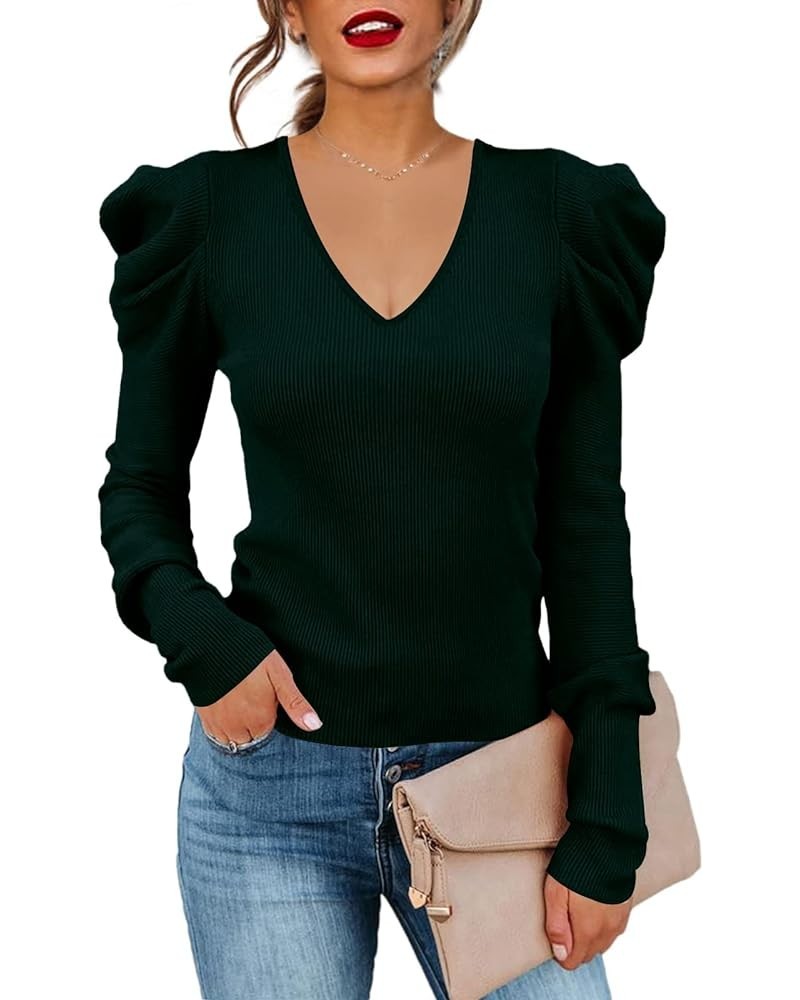 Women's Long Puff Sleeve Knit Pullover Sweaters Casual V Neck Ribbed Solid Soft Slim Fit Sweater Blouse Tops Green $22.19 Swe...