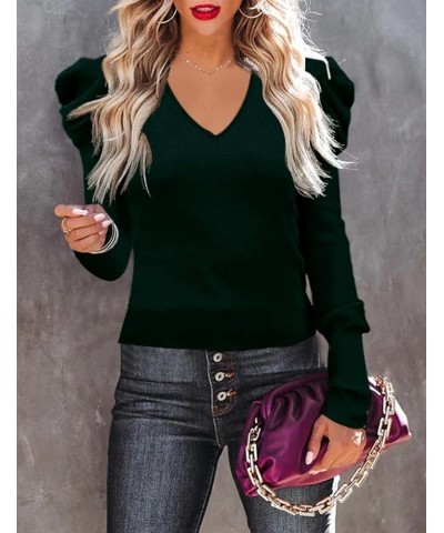 Women's Long Puff Sleeve Knit Pullover Sweaters Casual V Neck Ribbed Solid Soft Slim Fit Sweater Blouse Tops Green $22.19 Swe...