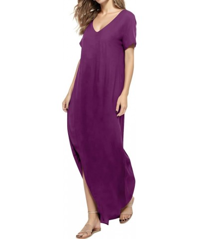 Womens V-Neck Short Sleeve Plain Long Dress Casual Beach Dresses with Pockets 152 152 Dark Purple $12.25 Dresses