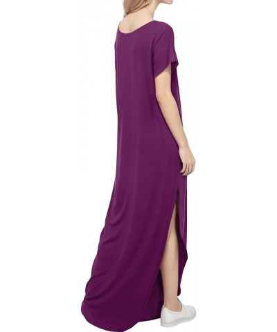 Womens V-Neck Short Sleeve Plain Long Dress Casual Beach Dresses with Pockets 152 152 Dark Purple $12.25 Dresses