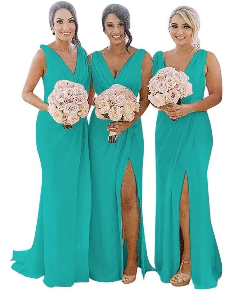 V Neck Bridesmaid Dresses Long with Slit for Women Ruched Chiffon Formal Evening Gowns Turquoise $30.79 Dresses