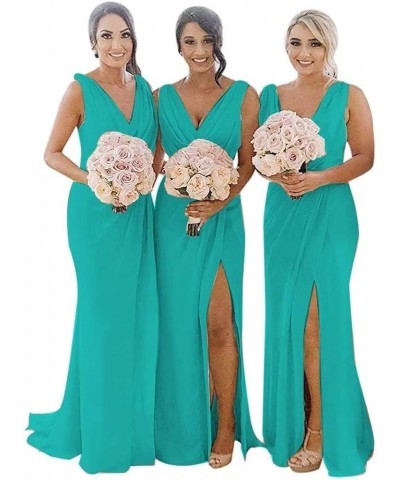 V Neck Bridesmaid Dresses Long with Slit for Women Ruched Chiffon Formal Evening Gowns Turquoise $30.79 Dresses