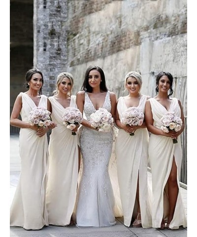 V Neck Bridesmaid Dresses Long with Slit for Women Ruched Chiffon Formal Evening Gowns Turquoise $30.79 Dresses