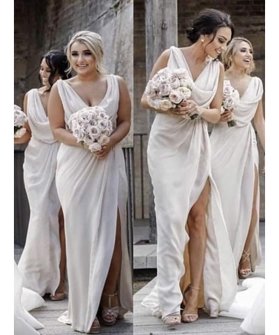 V Neck Bridesmaid Dresses Long with Slit for Women Ruched Chiffon Formal Evening Gowns Turquoise $30.79 Dresses