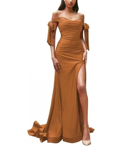 Off Shoulder Bridesmaid Dresses 2024 Satin Mermaid Prom Dress with Slit Ruched Long Formal Gowns Burnt Orange $40.32 Dresses