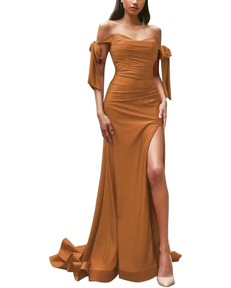 Off Shoulder Bridesmaid Dresses 2024 Satin Mermaid Prom Dress with Slit Ruched Long Formal Gowns Burnt Orange $40.32 Dresses